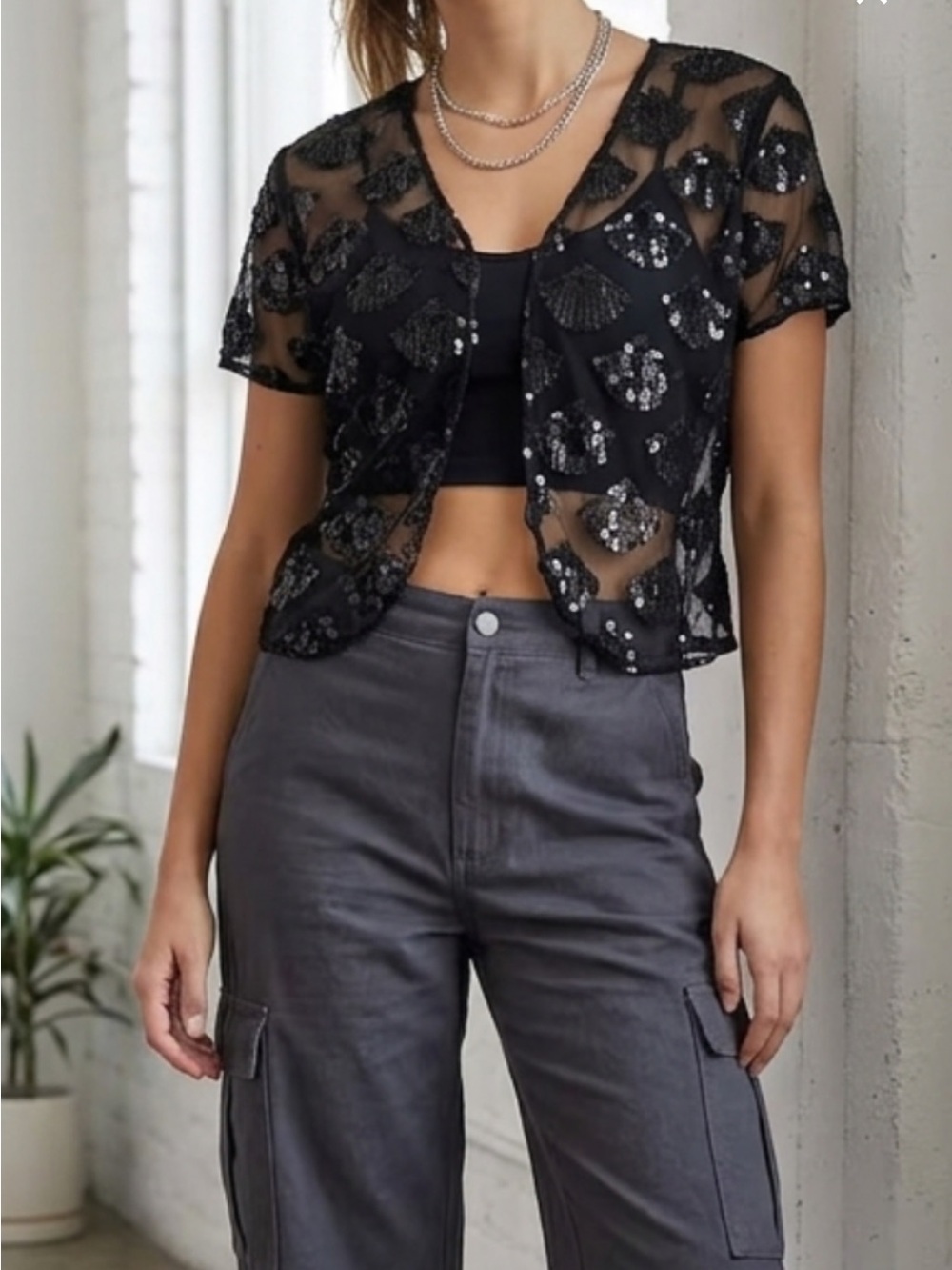 MARINA Black Sequin Mesh Top Art Deco Scallop Sheer